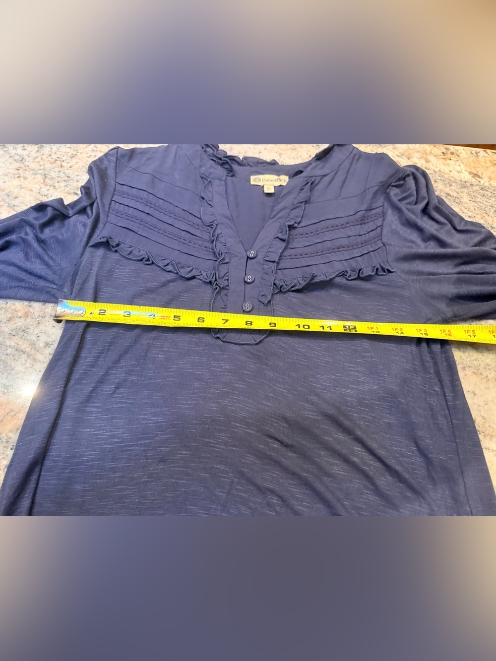 Democracy XS Navy Ruffle Henley Blouse Pintuck Long Sleeve Boho Festival Top - Picture 5 of 13